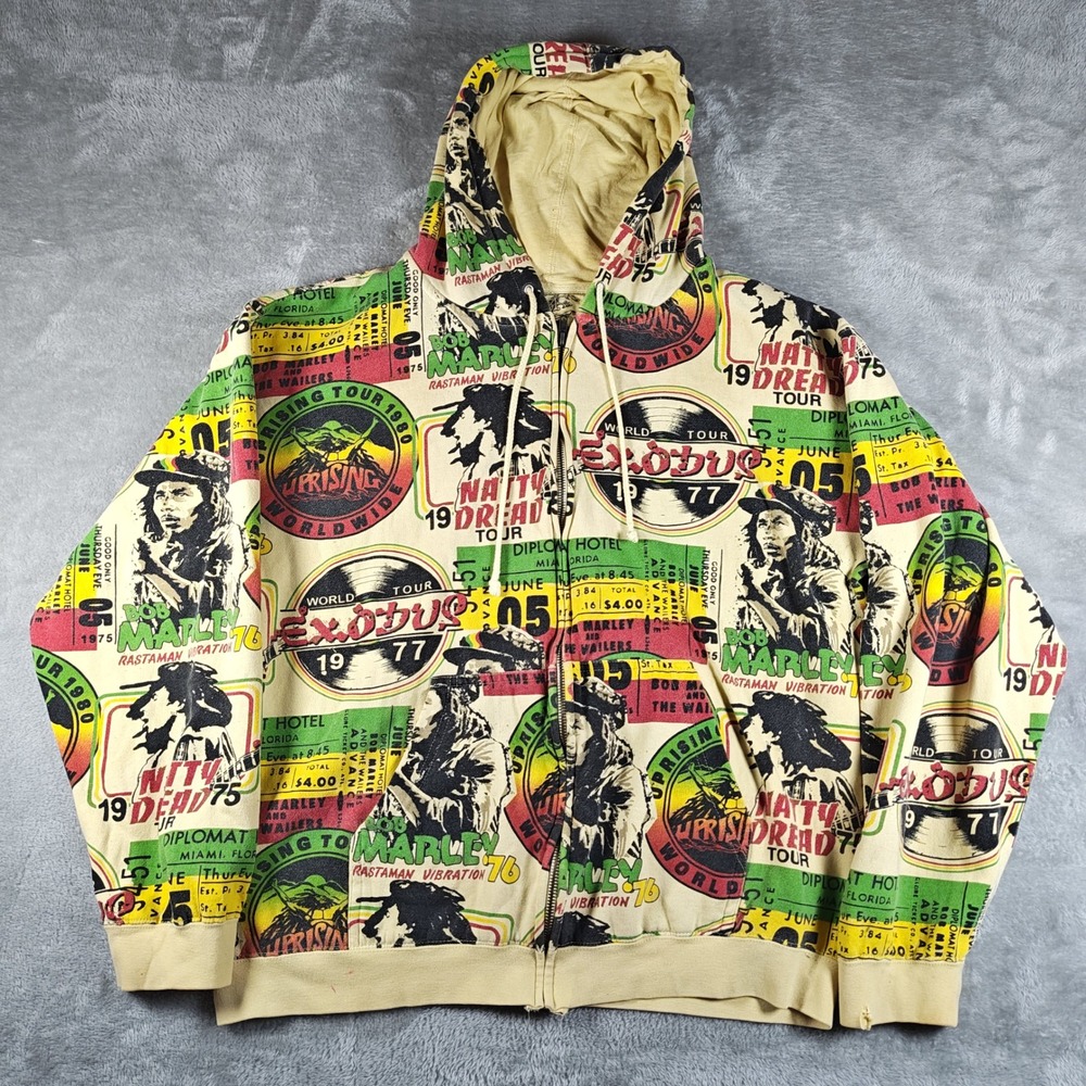 Bob Marley Hoodie MensXL Catch A Fire  All Over Print Full Zip Reggae Distressed